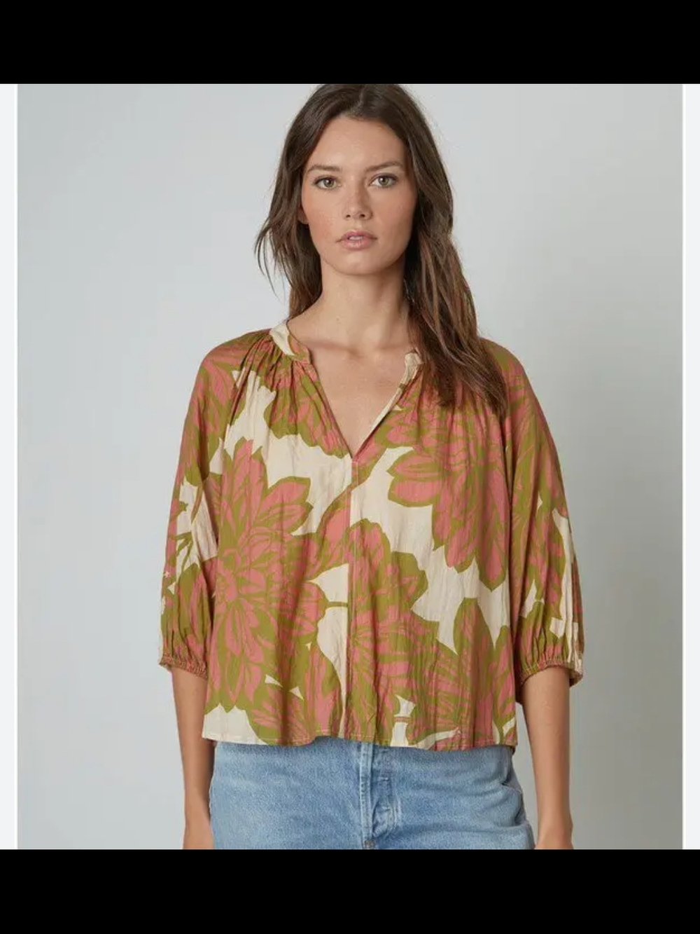 Velvet by Graham & Spencer Cream Top with Olive and Dusty Rose Floral Print